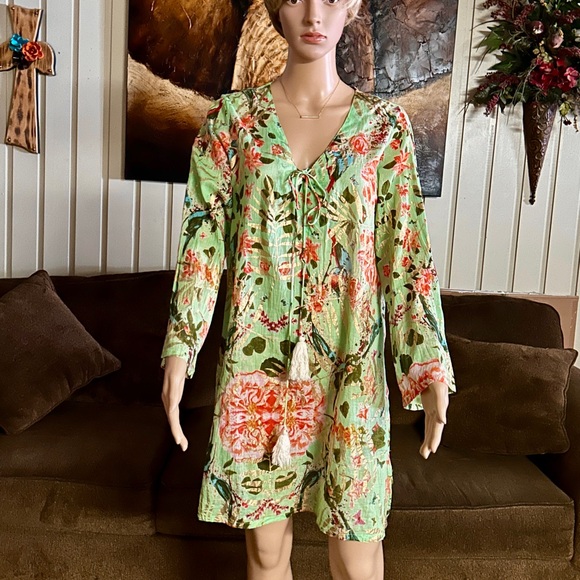 Caribbean Joe Dresses & Skirts - Caribbean Joe ~ Large ~ Green W/ Gold & Red Floral Tunic Swim Coverup Dress